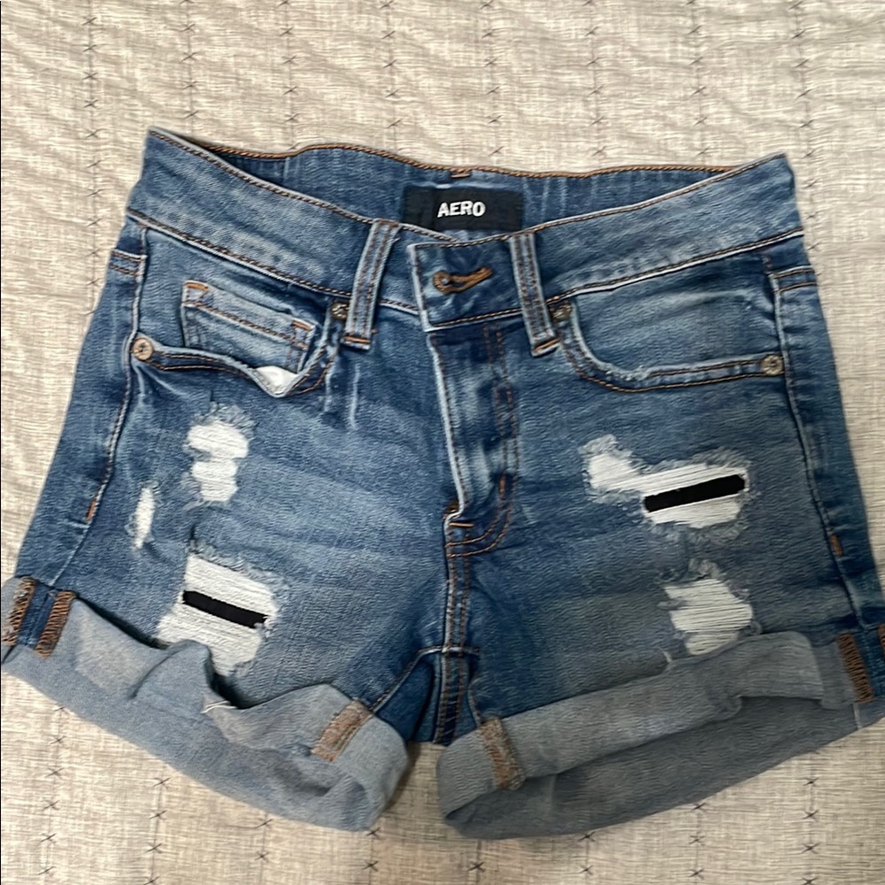 Blue Distressed Jean Shorts with Frayed Hem